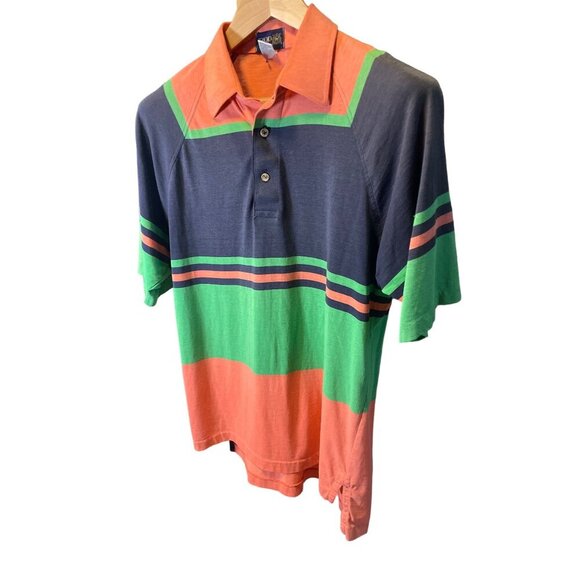 IZOD Navy Green Orange Striped Short Sleeve Polo Shirt SZ M - Picture 3 of 5